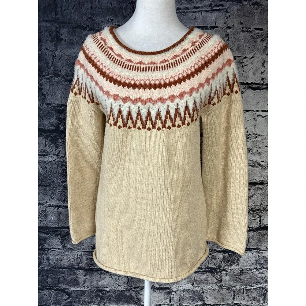 Sundance Womens Sweater Beige‎ Fair Isle Cotton Nylon Wool Pullover